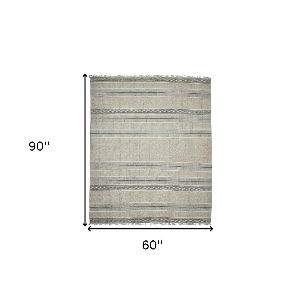 3' X 5' Gray And Brown Striped Flatweave Handmade Distressed Area Rug With Fringe