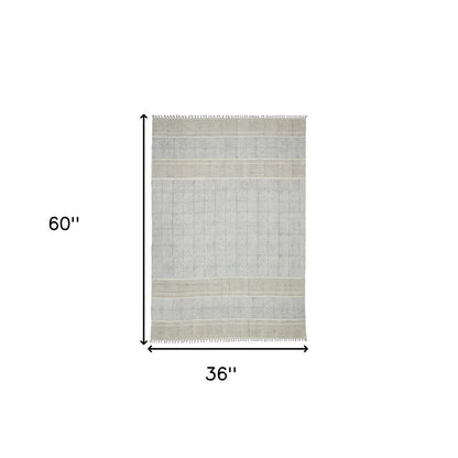 3' X 5' Blue And Gray Striped Flatweave Handmade Distressed Area Rug With Fringe