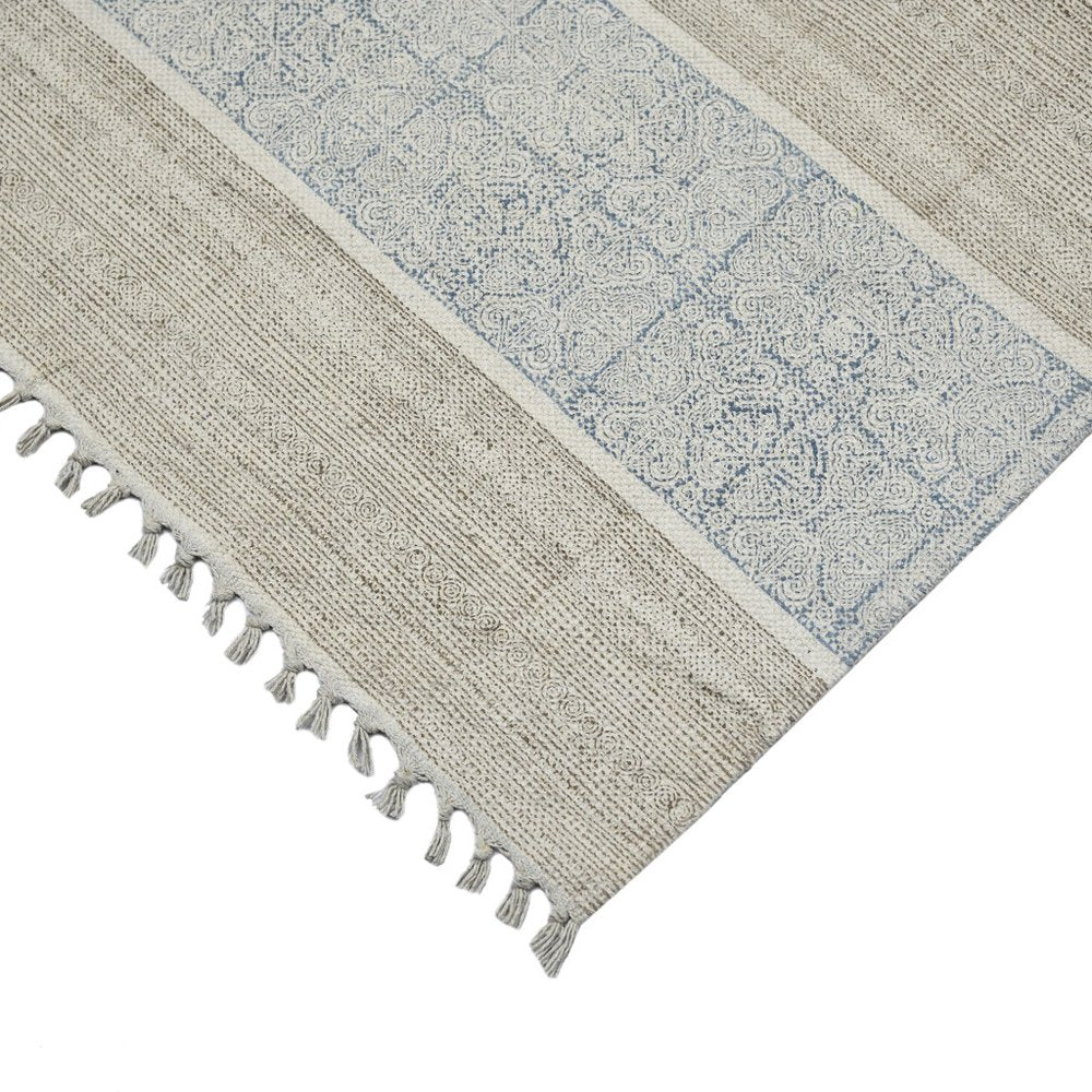 8' Blue And Gray Striped Flatweave Handmade Distressed Runner Rug With Fringe