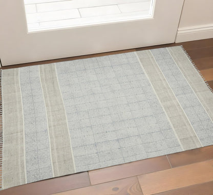 3' X 5' Blue And Gray Striped Flatweave Handmade Distressed Area Rug With Fringe