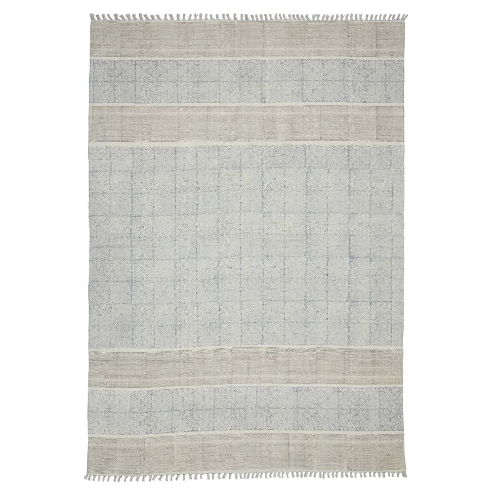 3' X 5' Blue And Gray Striped Flatweave Handmade Distressed Area Rug With Fringe