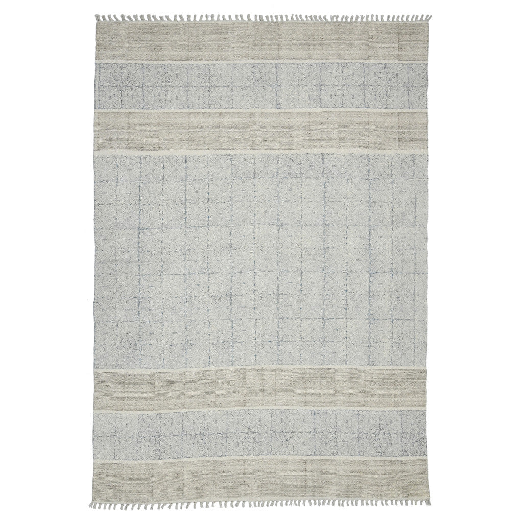 7' X 10' Blue Oriental Flatweave Handmade Distressed Area Rug With Fringe