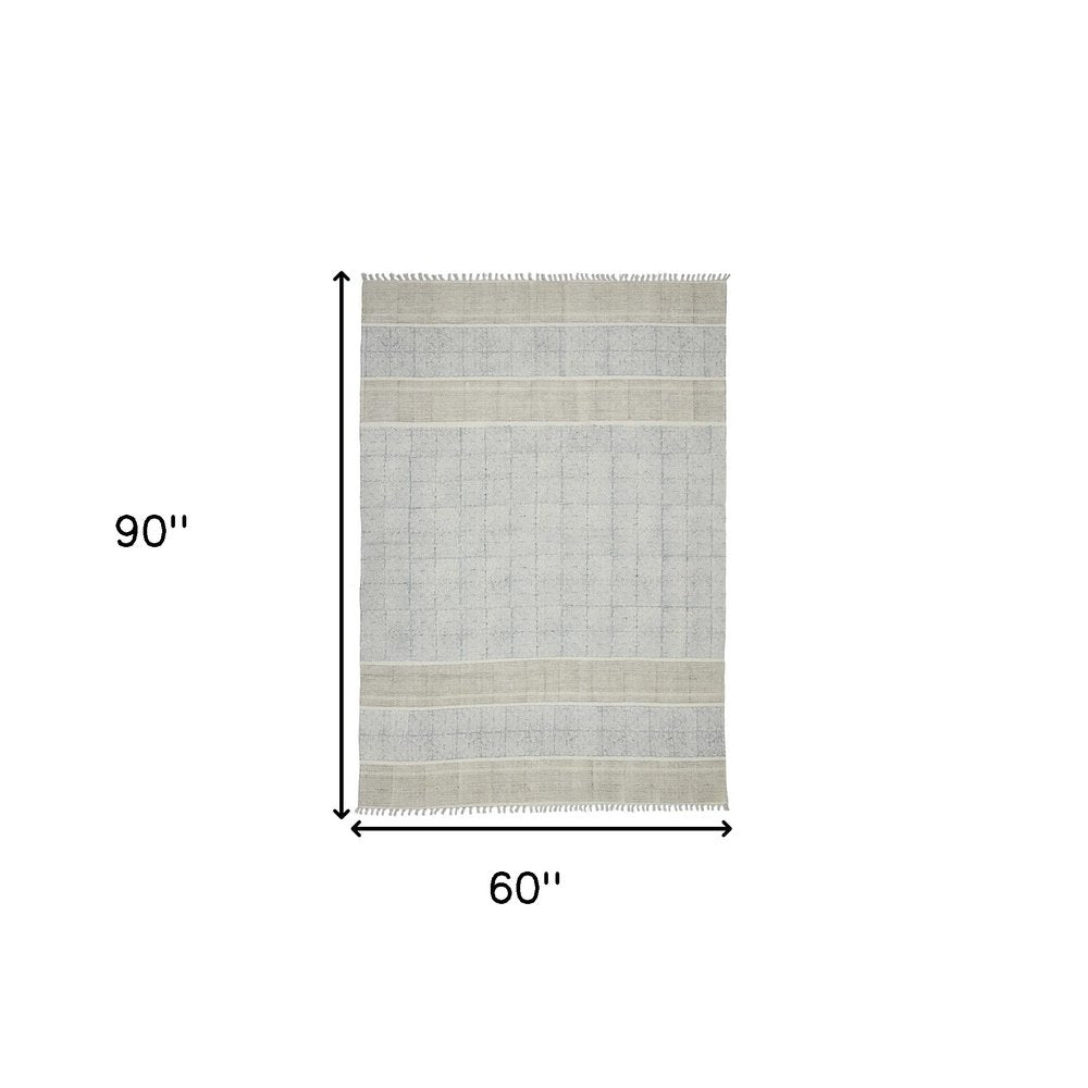 5' X 8' Blue And Gray Striped Flatweave Handmade Distressed Area Rug With Fringe