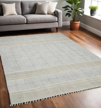 3' X 5' Blue And Gray Striped Flatweave Handmade Distressed Area Rug With Fringe