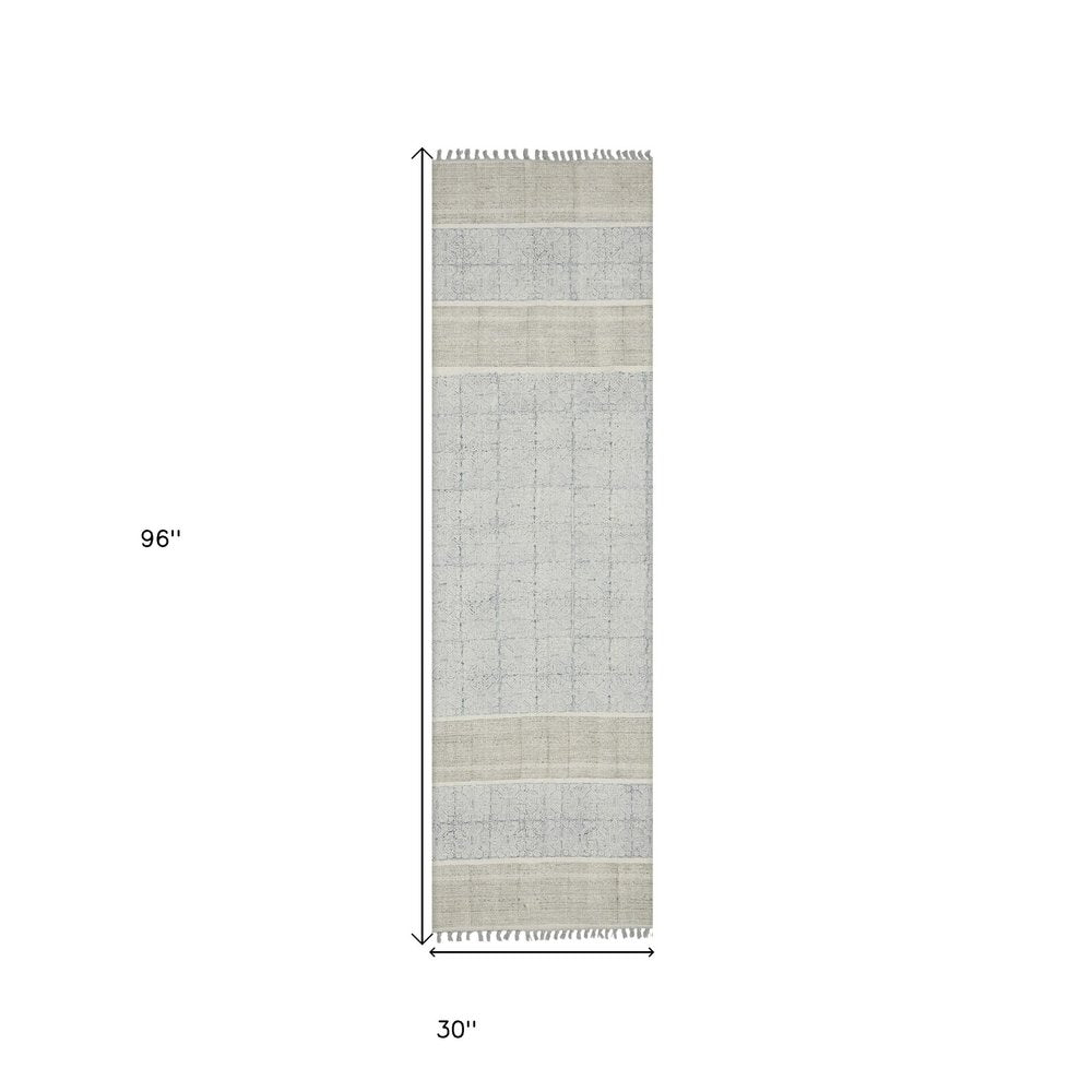 3' X 5' Blue And Gray Striped Flatweave Handmade Distressed Area Rug With Fringe