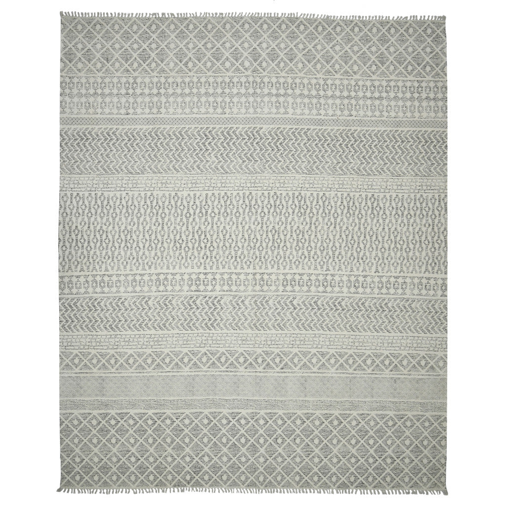 3' X 5' Gray And Ivory Geometric Flatweave Handmade Distressed Area Rug With Fringe