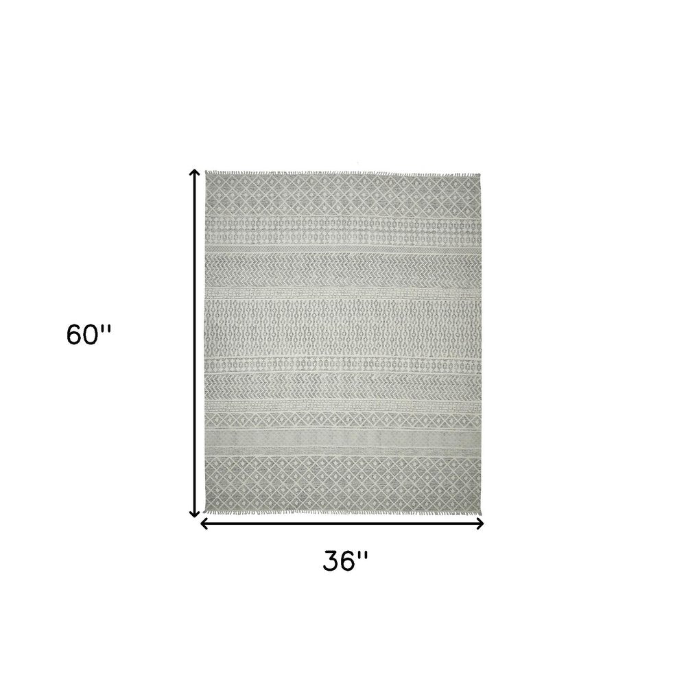 3' X 5' Gray And Ivory Geometric Flatweave Handmade Distressed Area Rug With Fringe
