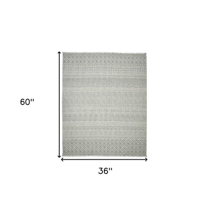 3' X 5' Gray And Ivory Geometric Flatweave Handmade Distressed Area Rug With Fringe