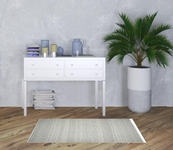 3' X 5' Gray And Ivory Geometric Flatweave Handmade Distressed Area Rug With Fringe