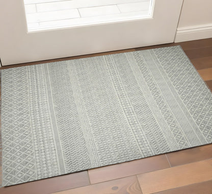 3' X 5' Gray And Ivory Geometric Flatweave Handmade Distressed Area Rug With Fringe
