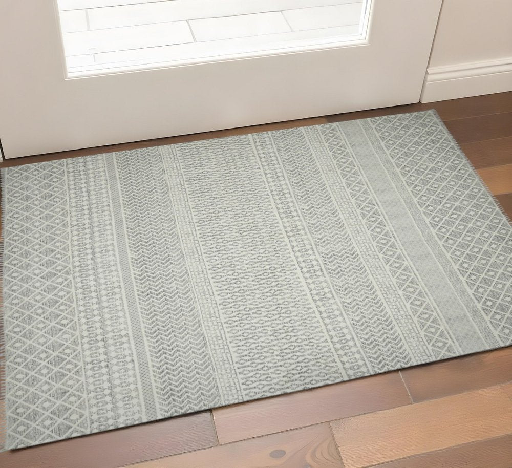 8' Gray And Ivory Geometric Flatweave Handmade Distressed Runner Rug With Fringe