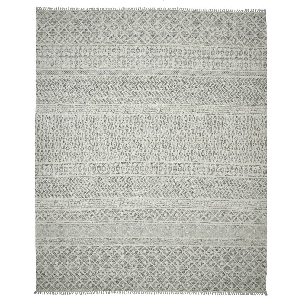 5' X 8' Gray And Ivory Geometric Flatweave Handmade Distressed Area Rug With Fringe