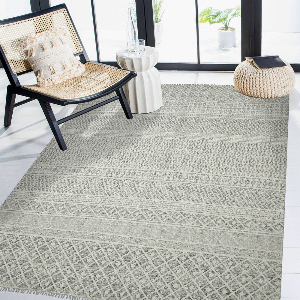 3' X 5' Gray And Ivory Geometric Flatweave Handmade Distressed Area Rug With Fringe