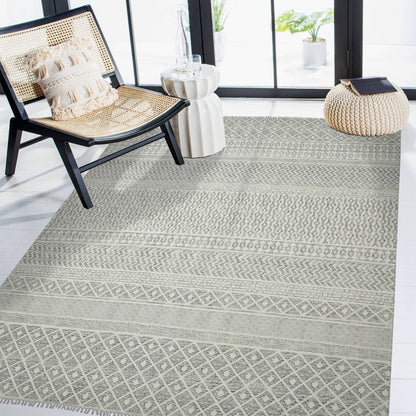 3' X 5' Gray And Ivory Geometric Flatweave Handmade Distressed Area Rug With Fringe