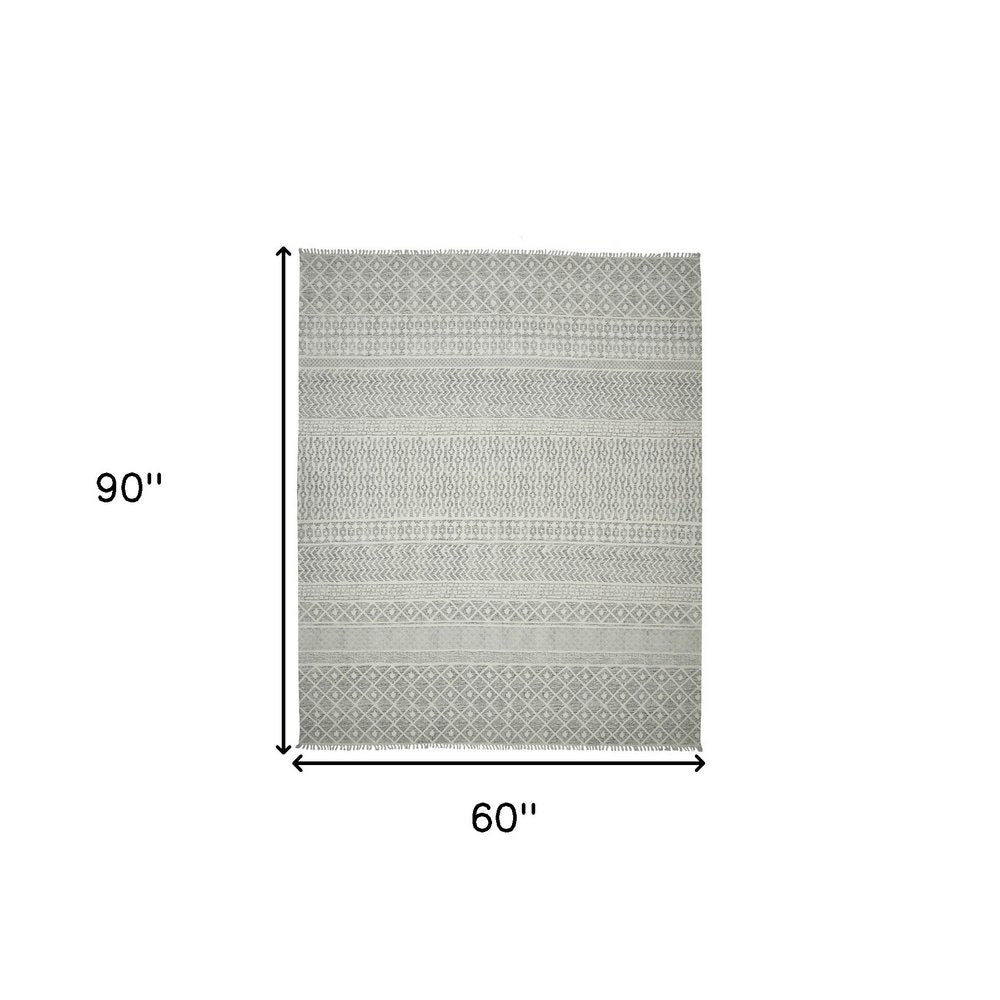 5' X 8' Gray And Ivory Geometric Flatweave Handmade Distressed Area Rug With Fringe