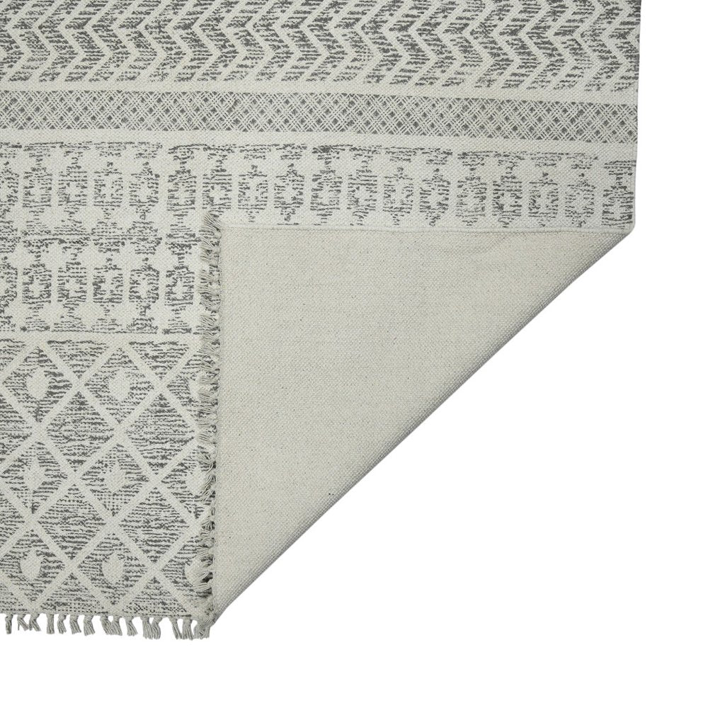 8' Gray And Ivory Geometric Flatweave Handmade Distressed Runner Rug With Fringe