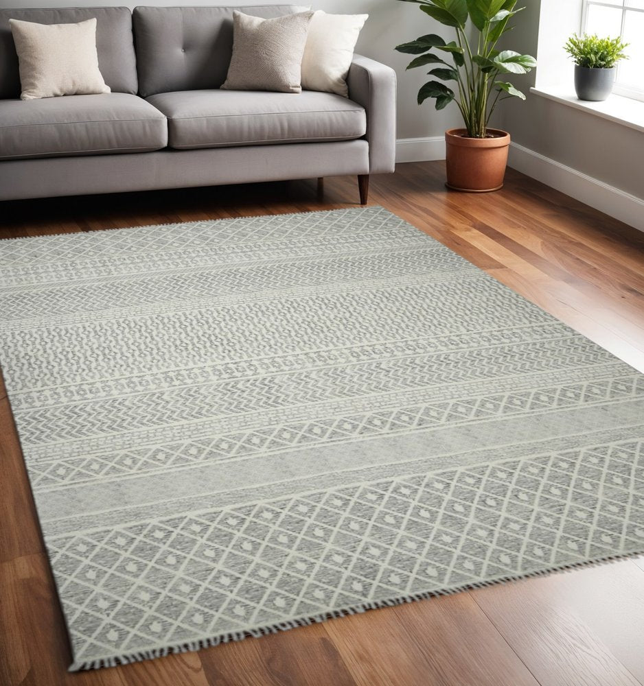 3' X 5' Gray And Ivory Geometric Flatweave Handmade Distressed Area Rug With Fringe