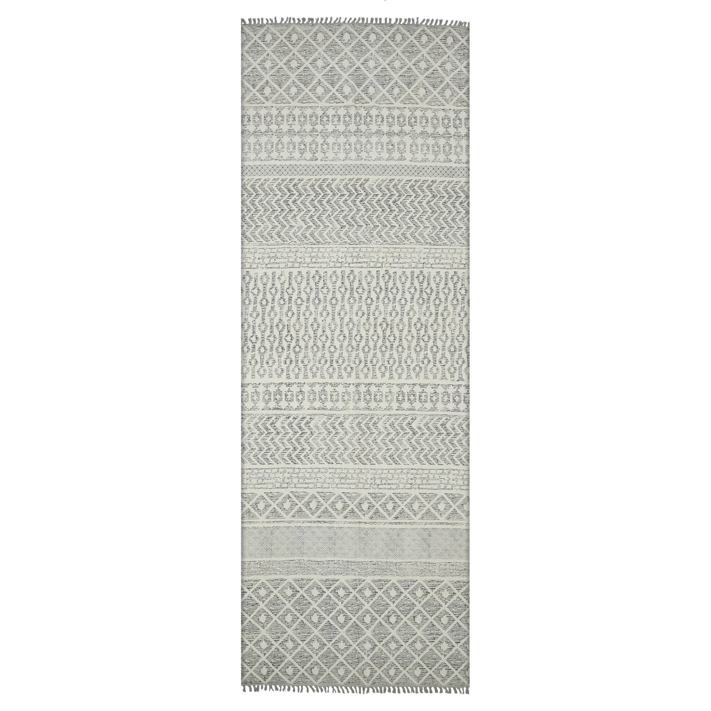 3' X 5' Gray Geometric Flatweave Handmade Distressed Area Rug With Fringe