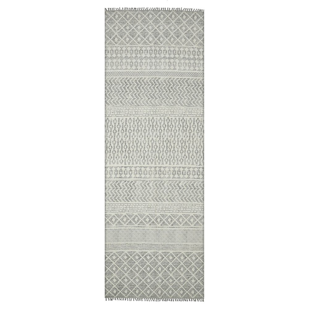 8' Gray And Ivory Geometric Flatweave Handmade Distressed Runner Rug With Fringe