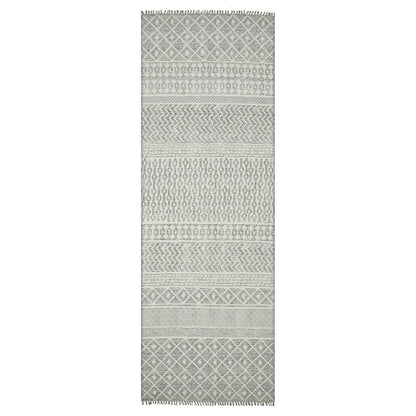 8' Gray And Ivory Geometric Flatweave Handmade Distressed Runner Rug With Fringe