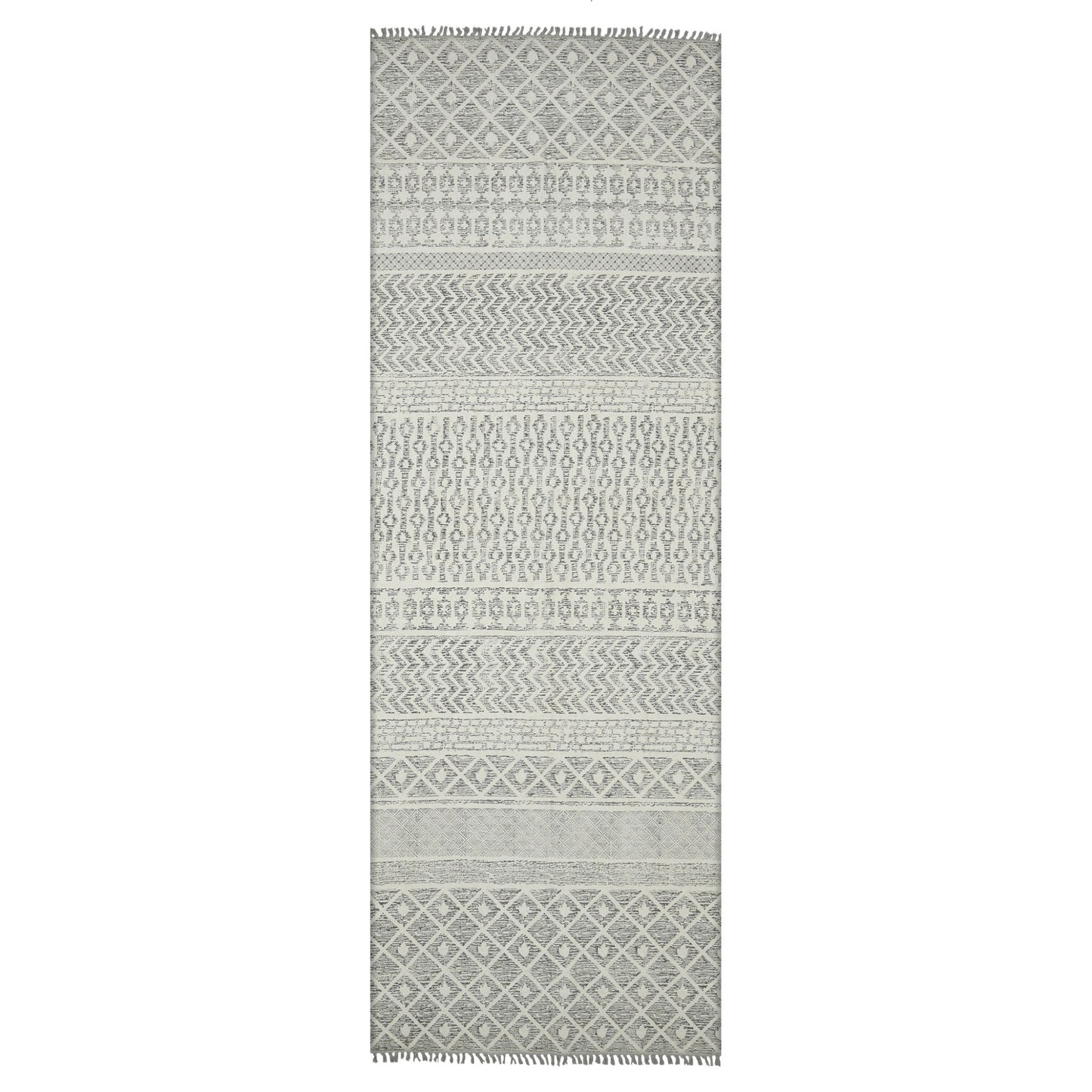 3' X 5' Gray And Ivory Geometric Flatweave Handmade Distressed Area Rug With Fringe