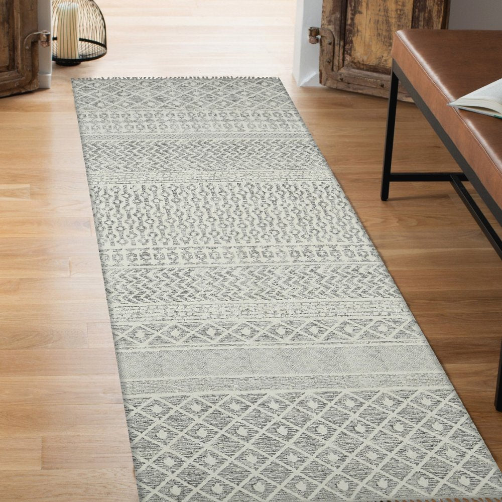 8' Gray And Ivory Geometric Flatweave Handmade Distressed Runner Rug With Fringe