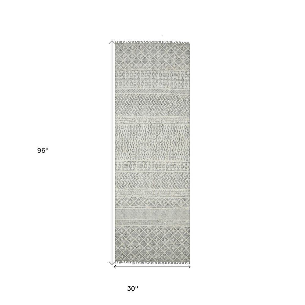 8' Gray And Ivory Geometric Flatweave Handmade Distressed Runner Rug With Fringe