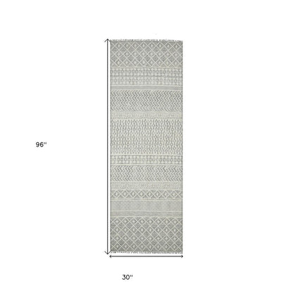 8' Gray And Ivory Geometric Flatweave Handmade Distressed Runner Rug With Fringe