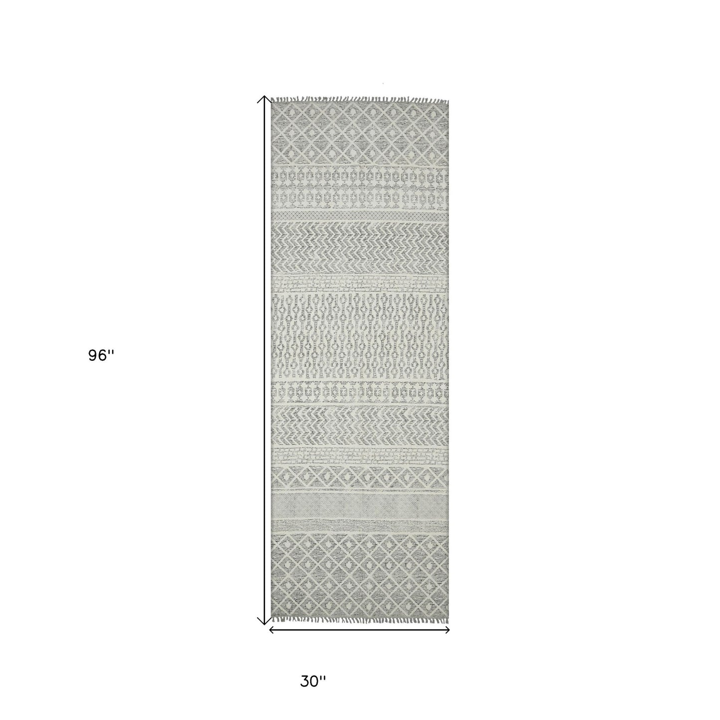 3' X 5' Gray And Ivory Geometric Flatweave Handmade Distressed Area Rug With Fringe
