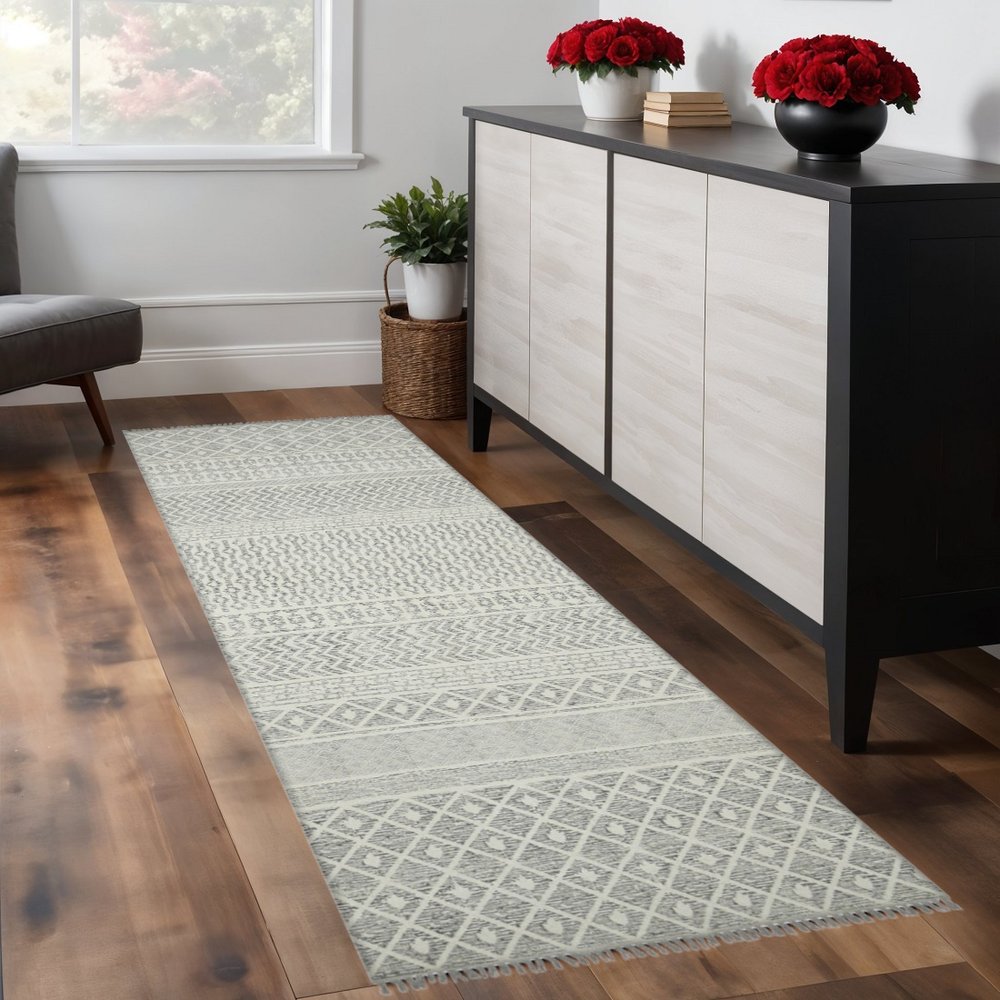 8' Gray And Ivory Geometric Flatweave Handmade Distressed Runner Rug With Fringe
