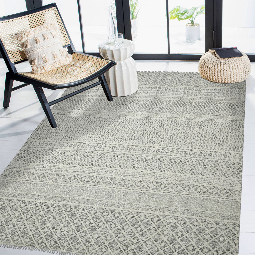 3' X 5' Gray Geometric Flatweave Handmade Distressed Area Rug With Fringe