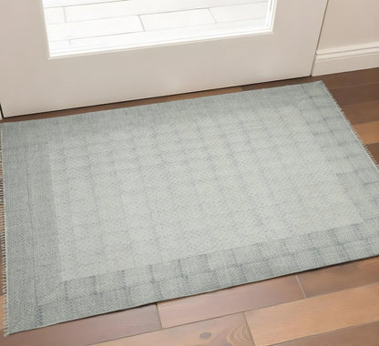 3' X 5' Gray And Blue Geometric Flatweave Handmade Distressed Area Rug With Fringe