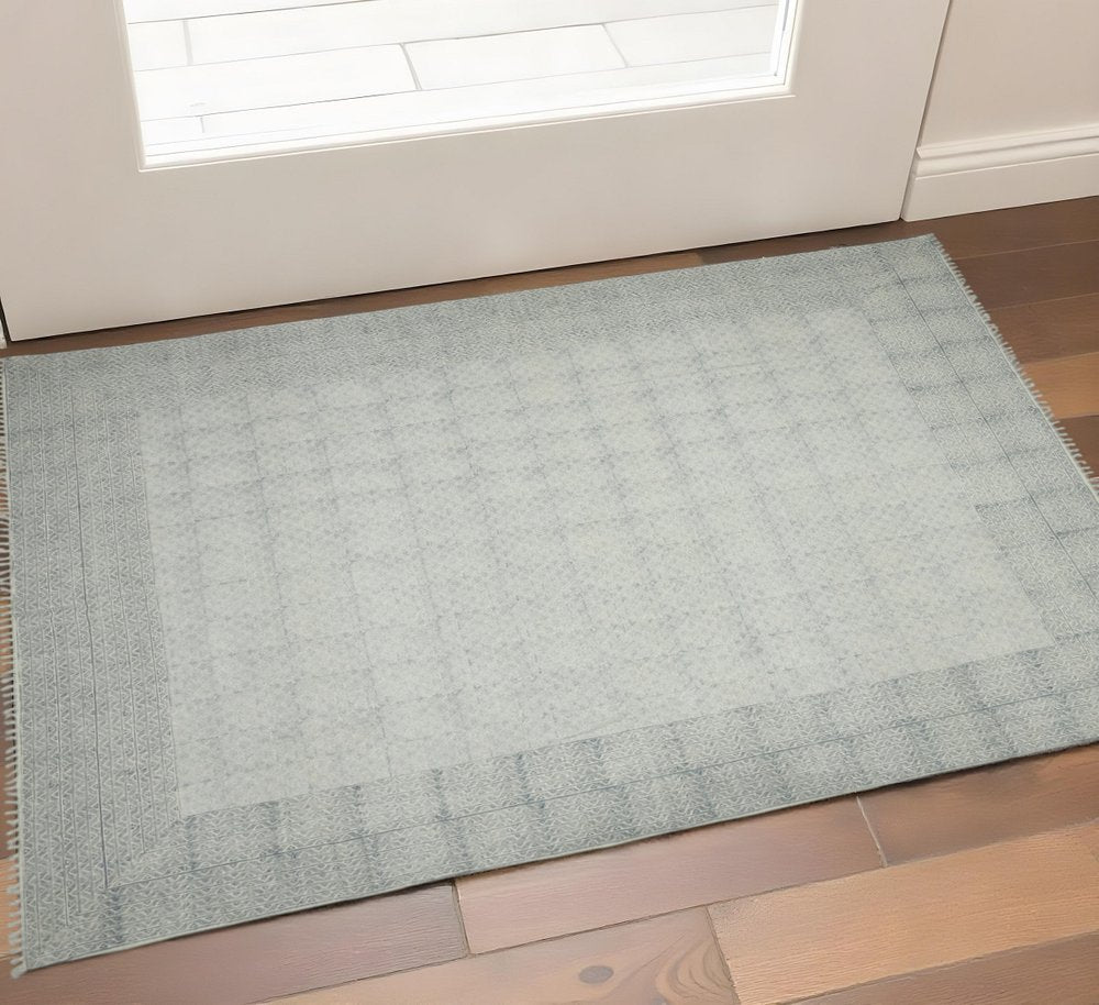 8' Gray And Blue Geometric Flatweave Handmade Distressed Runner Rug With Fringe