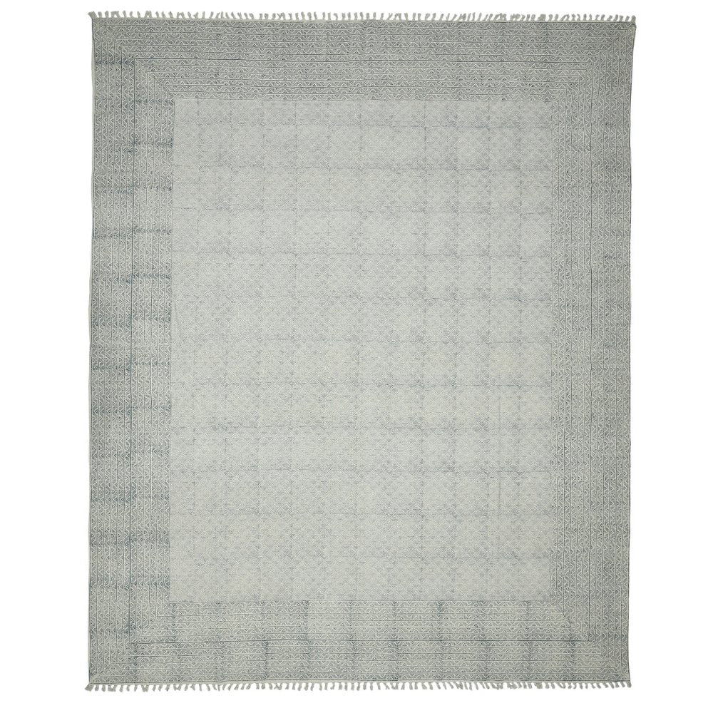 5' X 8' Gray And Blue Geometric Flatweave Handmade Distressed Area Rug With Fringe