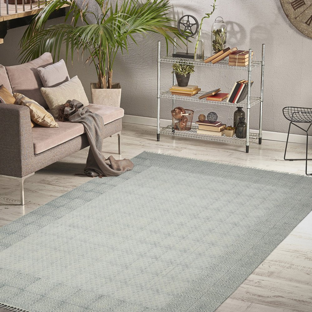 8' Gray And Blue Geometric Flatweave Handmade Distressed Runner Rug With Fringe