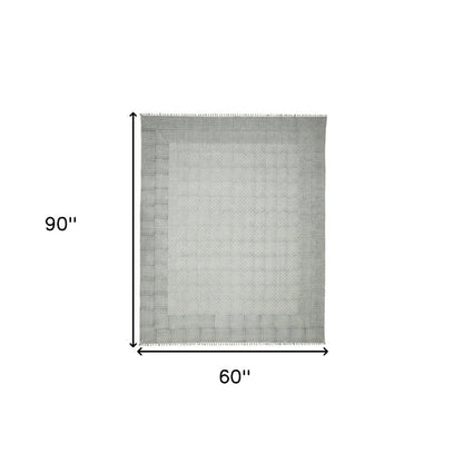 8' Gray And Blue Geometric Flatweave Handmade Distressed Runner Rug With Fringe