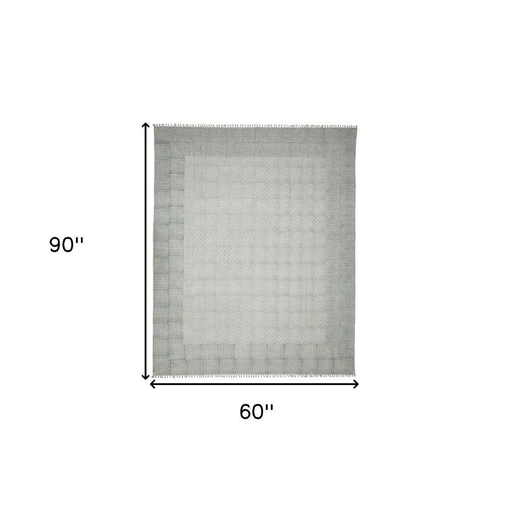 3' X 5' Gray And Blue Geometric Flatweave Handmade Distressed Area Rug With Fringe