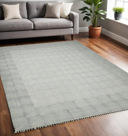 5' X 8' Gray And Blue Geometric Flatweave Handmade Distressed Area Rug With Fringe
