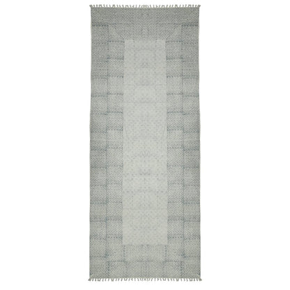 8' Gray And Blue Geometric Flatweave Handmade Distressed Runner Rug With Fringe