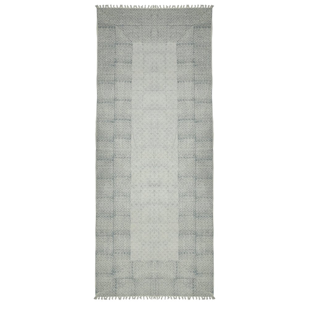 8' Gray And Blue Geometric Flatweave Handmade Distressed Runner Rug With Fringe