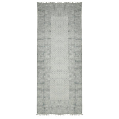 3' X 5' Gray And Blue Geometric Flatweave Handmade Distressed Area Rug With Fringe
