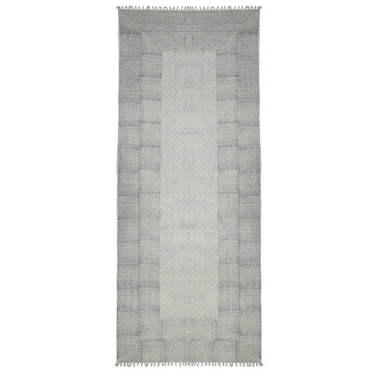 8' Gray And Blue Geometric Flatweave Handmade Distressed Runner Rug With Fringe