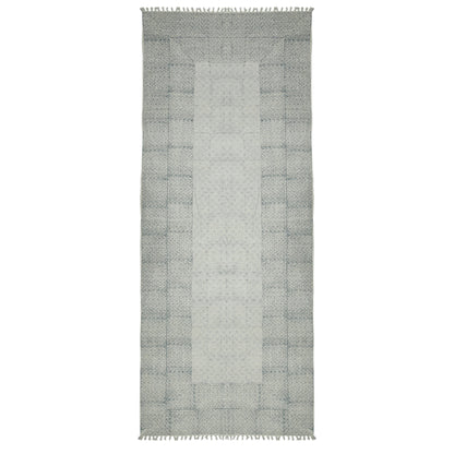 9' X 12' Gray And Blue Geometric Flatweave Handmade Distressed Area Rug With Fringe