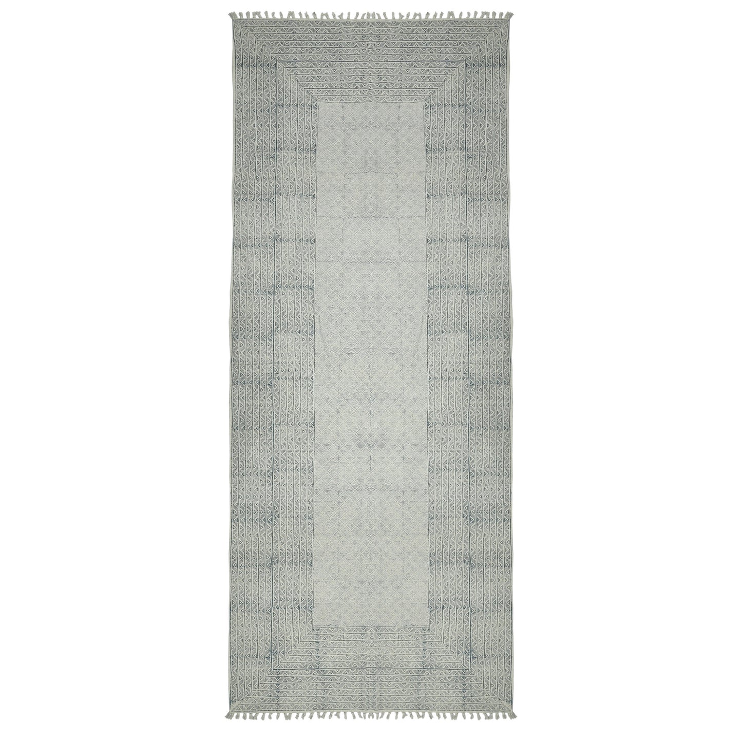 3' X 5' Blue Geometric Flatweave Handmade Distressed Area Rug With Fringe