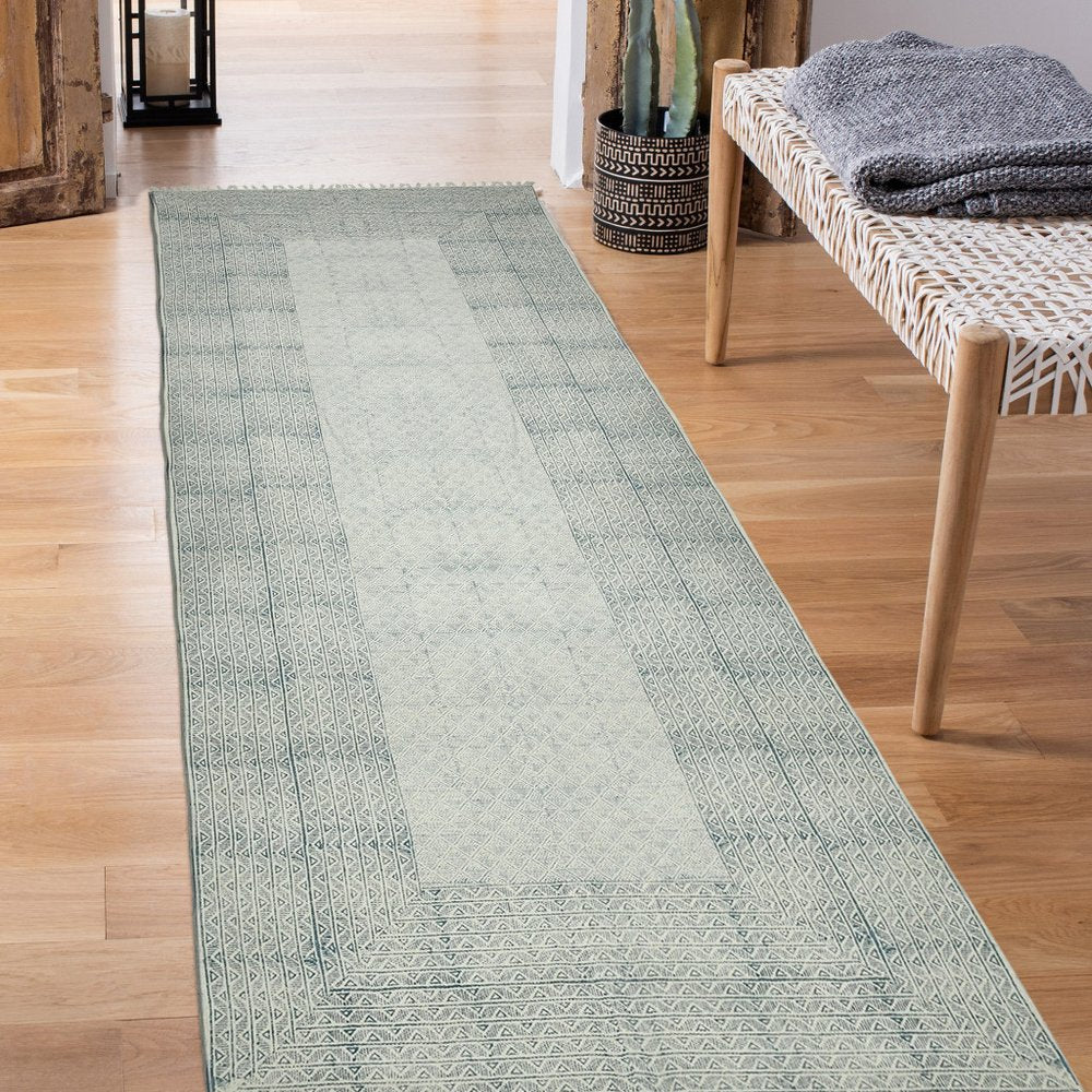 8' Gray And Blue Geometric Flatweave Handmade Distressed Runner Rug With Fringe