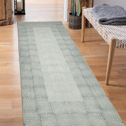 8' Gray And Blue Geometric Flatweave Handmade Distressed Runner Rug With Fringe