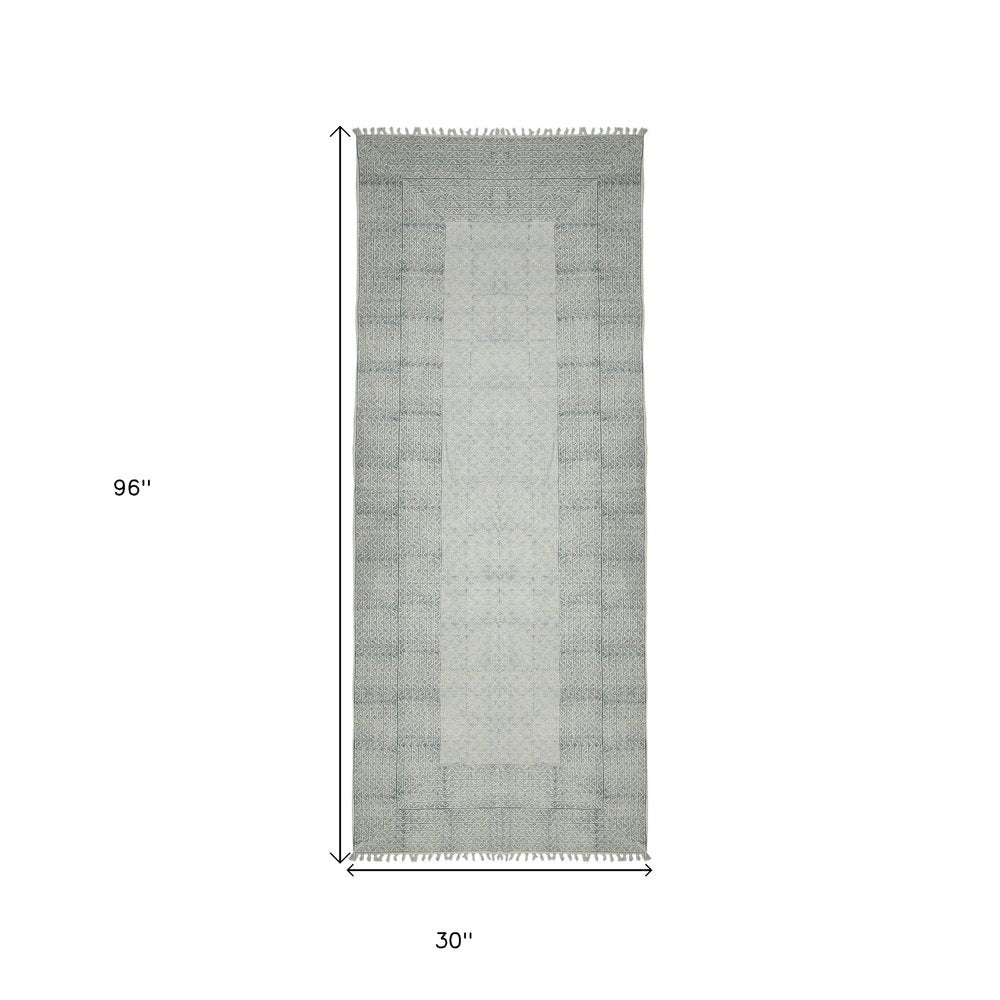 8' Gray And Blue Geometric Flatweave Handmade Distressed Runner Rug With Fringe