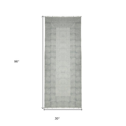 8' Gray And Blue Geometric Flatweave Handmade Distressed Runner Rug With Fringe