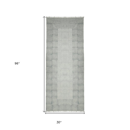 9' X 12' Gray And Blue Geometric Flatweave Handmade Distressed Area Rug With Fringe