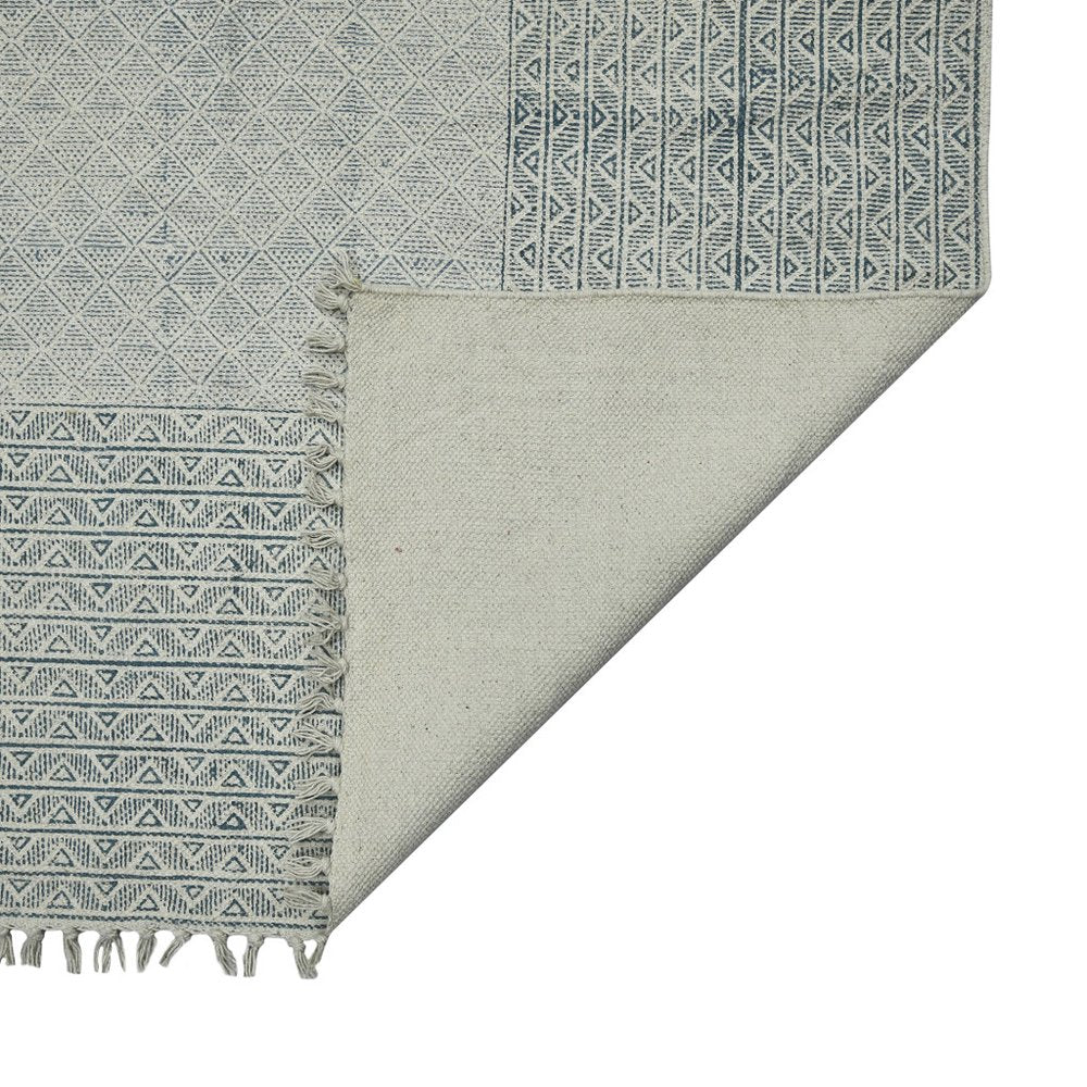 8' Gray And Blue Geometric Flatweave Handmade Distressed Runner Rug With Fringe